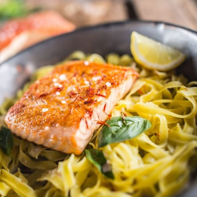 Grilled Salmon Linguine Pasta.