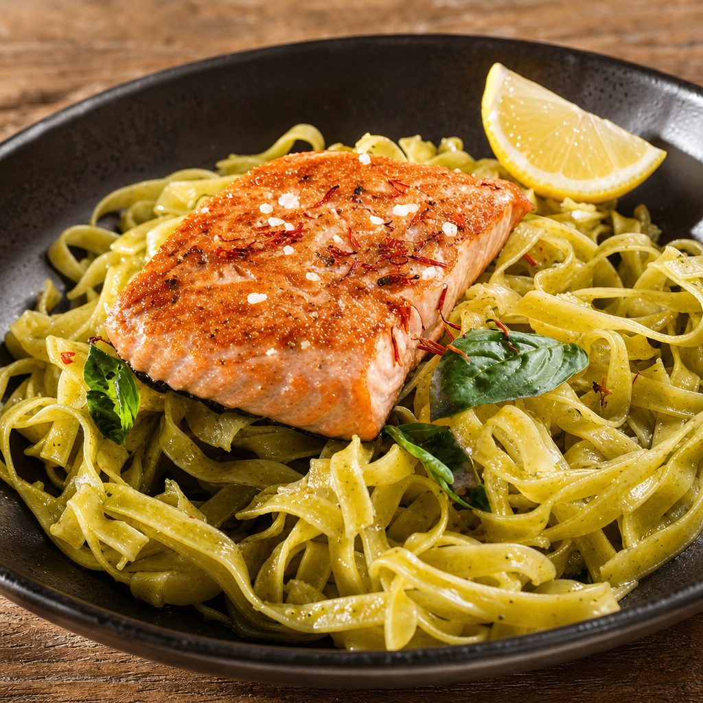 Fry Salmon Linguine Pasta.