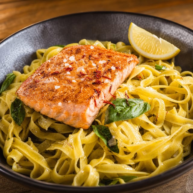 Grilled Salmon Linguine Pasta.