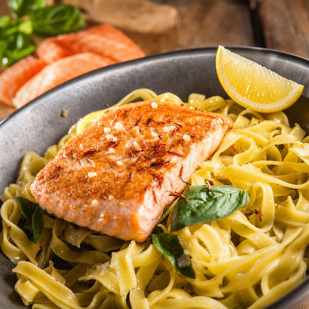 Jerk Salmon Linguine Pasta.